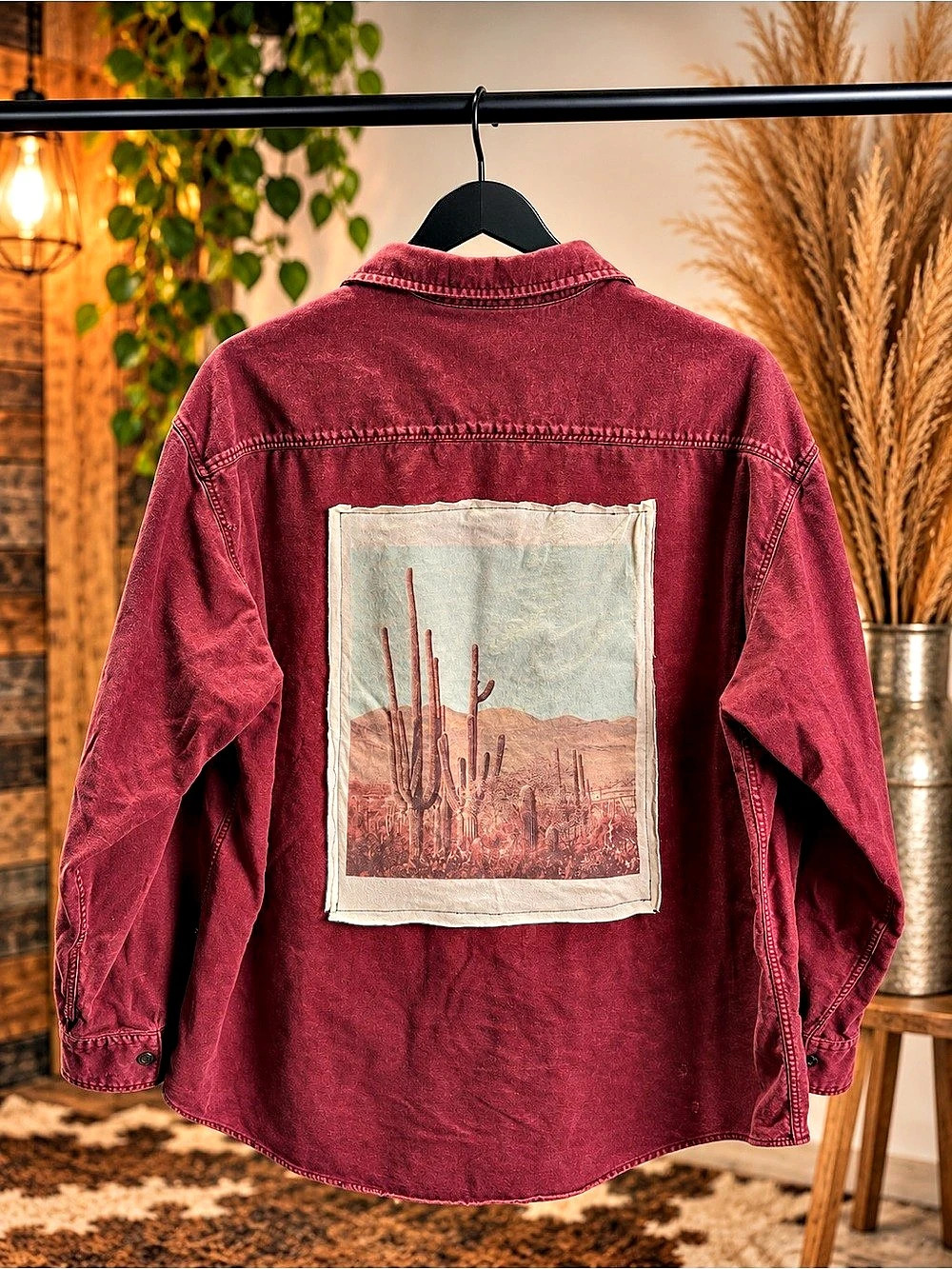 Handmade Up-cycle vintage cotton button down featuring sequoia cactus graphic